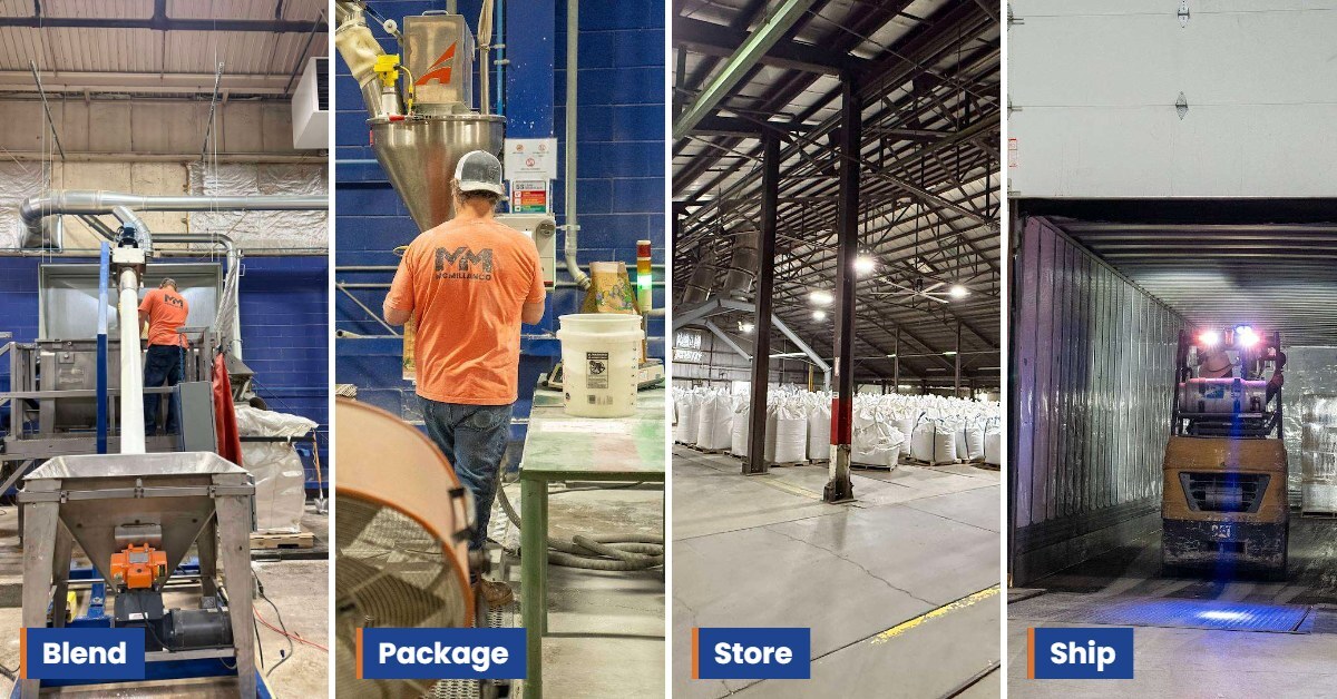 MCMILLANCO team blending, packaging, storing bulk bags and loading a trailer at the Perrysville, Ohio campus