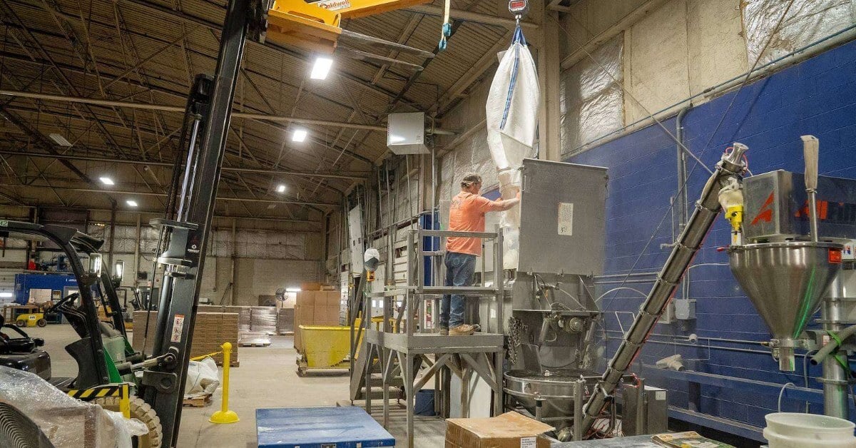 Bagging and bulk bag handling equipment inside the MCMILLANCO plant in Perrysville, Ohio