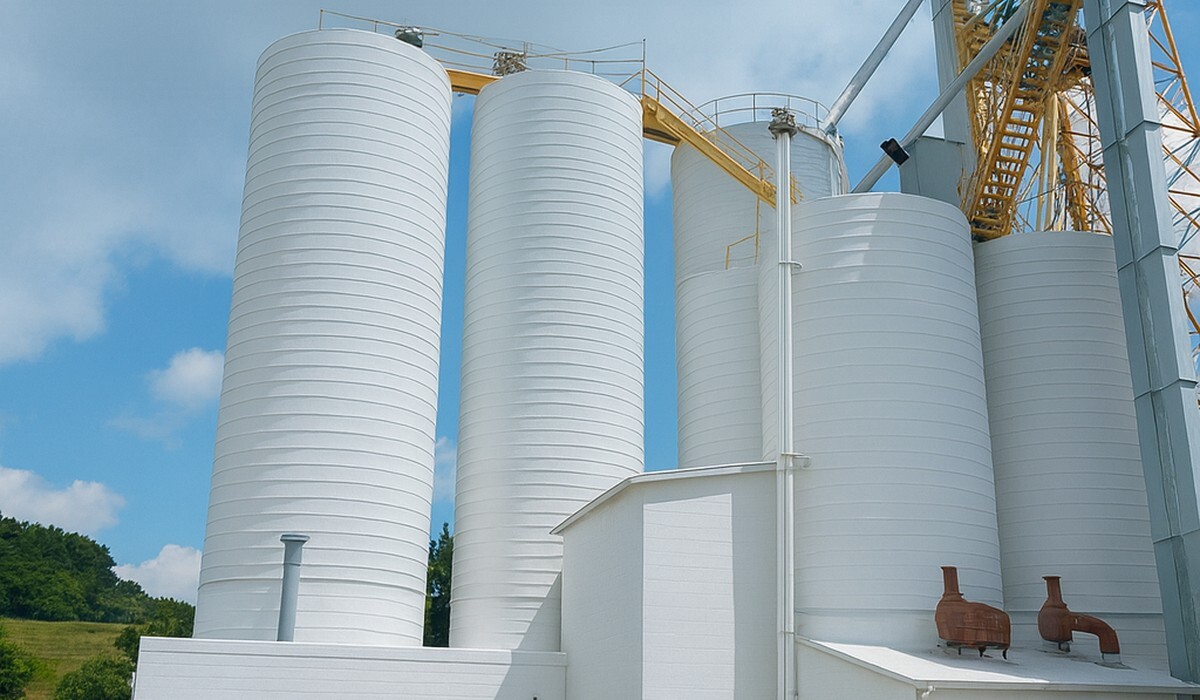 Rendering of MCMILLANCO's bulk storage silos and material handling tower at the Perrysville, Ohio campus